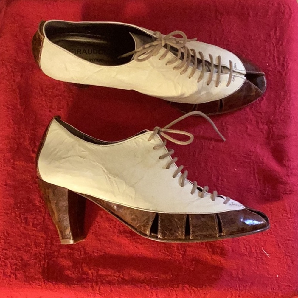 Giraudon New York Two-Tone Leather Peep-Toe Heels; Vintage Inspired EU 41 US 10
